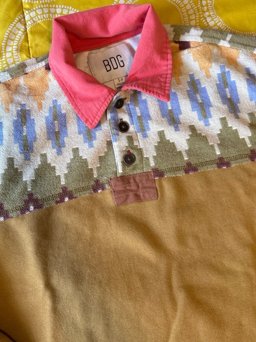 BDG Urban Outfitters Camel Rugby Polo with Pink Collar and Multi-Pattern Yoke - Picture 2 of 5